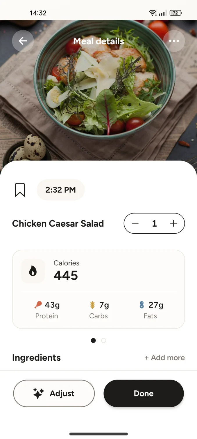 CalFit showing a scanned salad with its calories, protein, carbs and fats