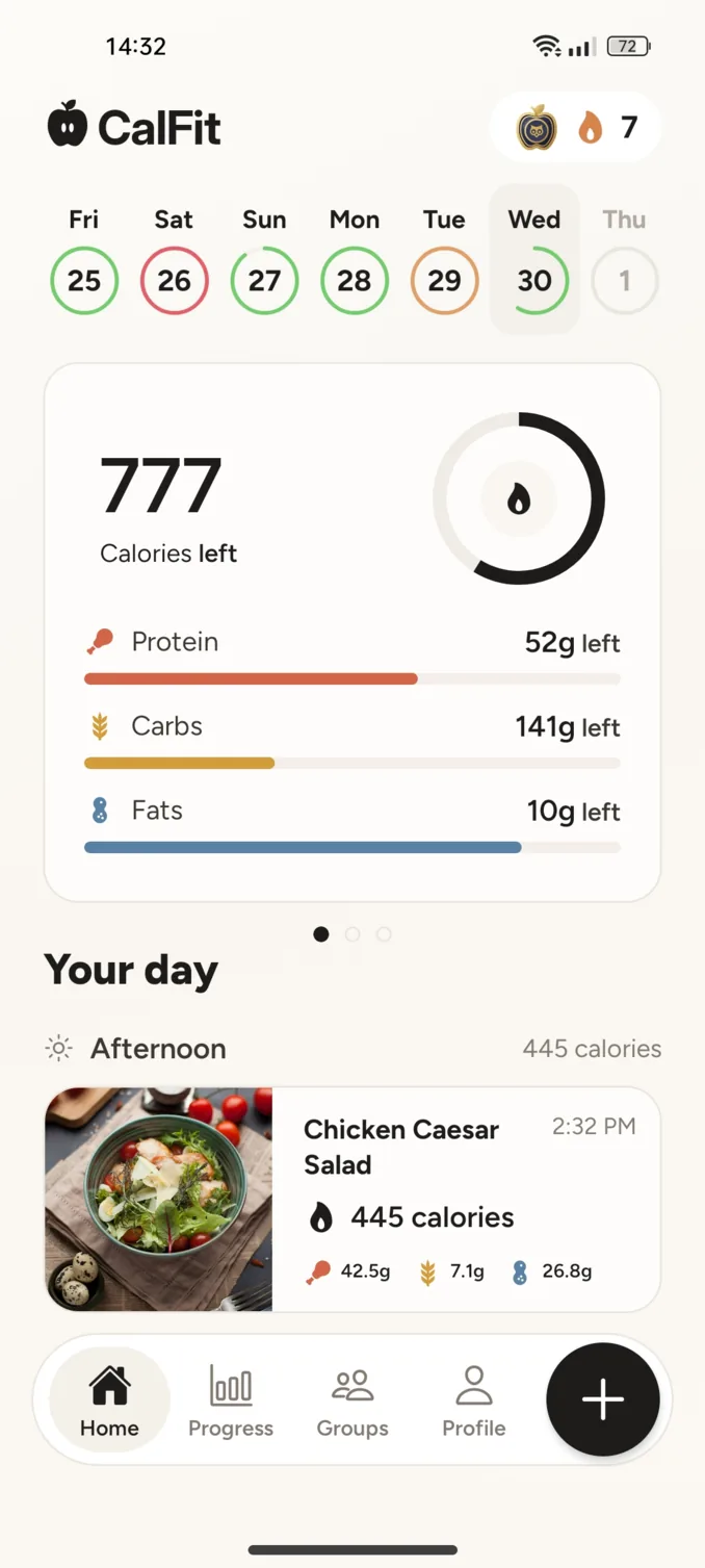 The CalFit home screen showing calories and macros left for today and recent meals